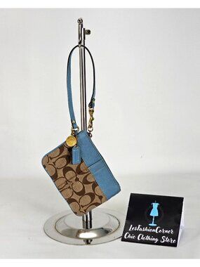 Coach Signature Wristlet Blue & Beige Leather Canvas Monogram Design 134B